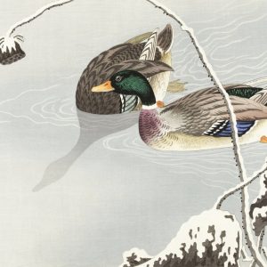 Mandarin Ducks on a Snowy Branch
