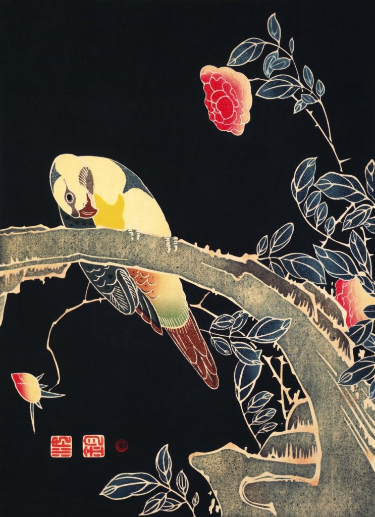 Parrot on the Branch of a Flowering Rose Bush