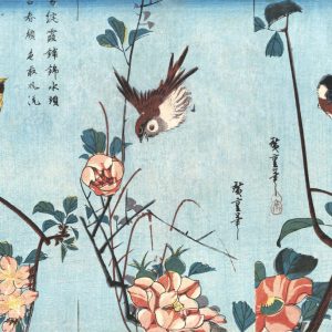 Titmouse and Camellias (right), Sparrow and Wild Roses (center), and Black-naped Oriole and Cherry Blossoms (left)
