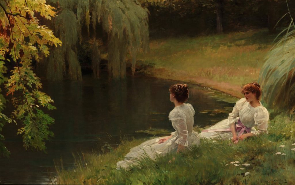 Elegant Ladies at Rest beside a Pond