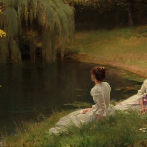 Elegant Ladies at Rest beside a Pond